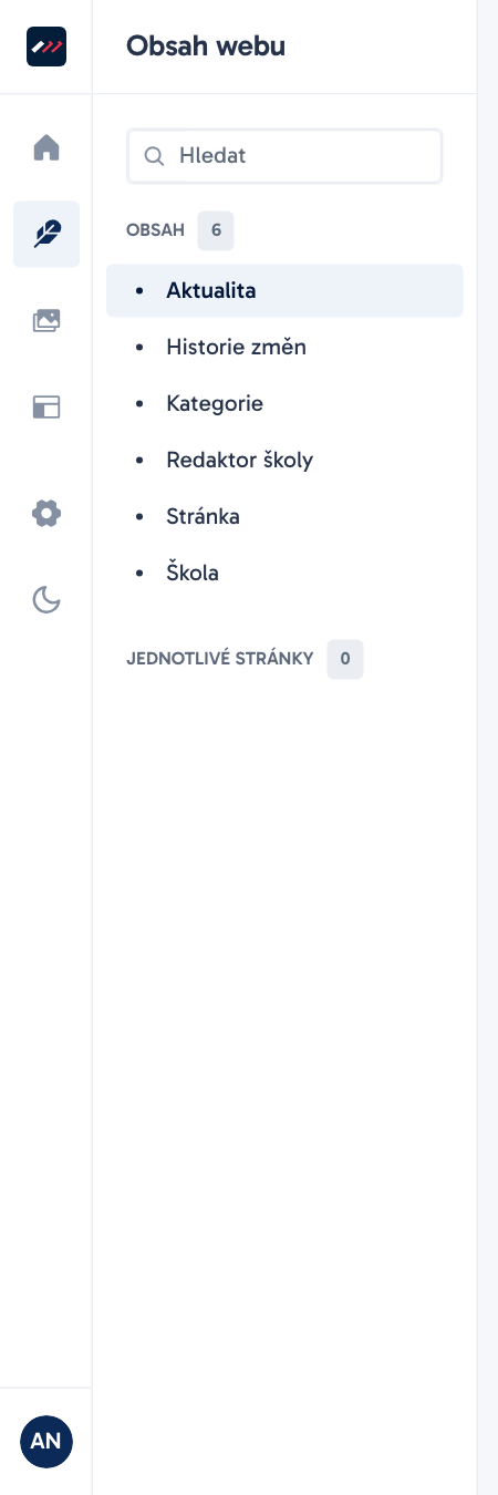 Levé menu administrace s hlavními sekcemi, přepínačem režimu a profilem
