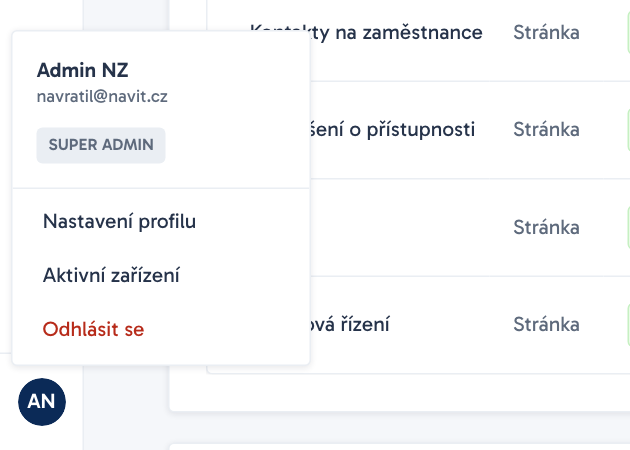 Rozbalené menu uživatele vlevo dole s volbami Profil a Odhlásit se