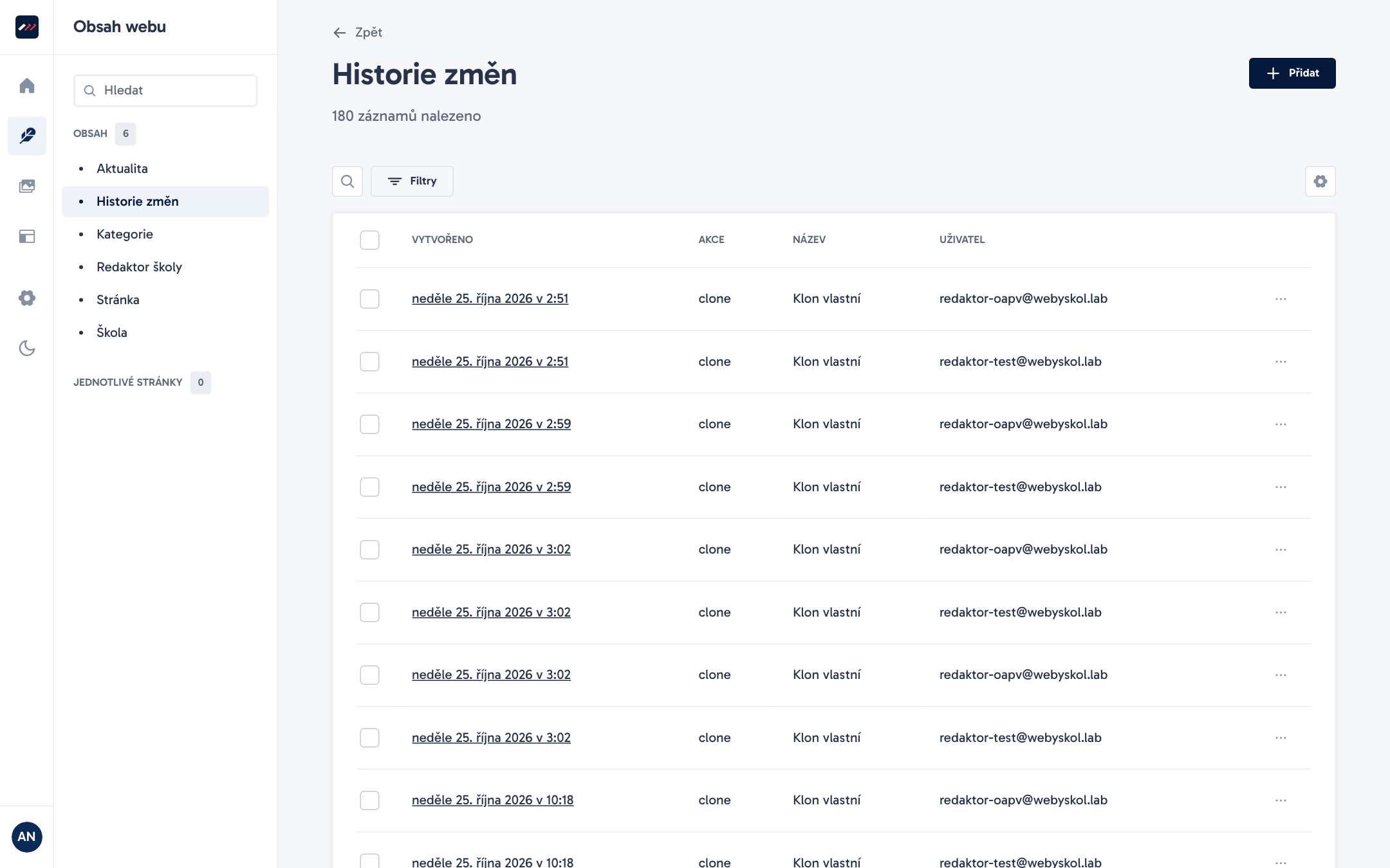 Přehled historie změn v administraci