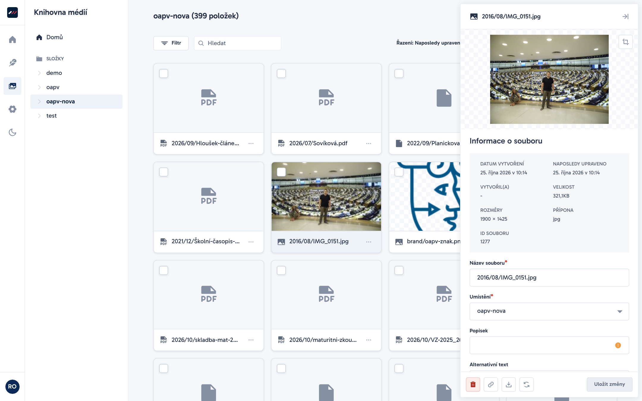 Detail souboru v Knihovně médií s poli pro název, alternativní text a popisek