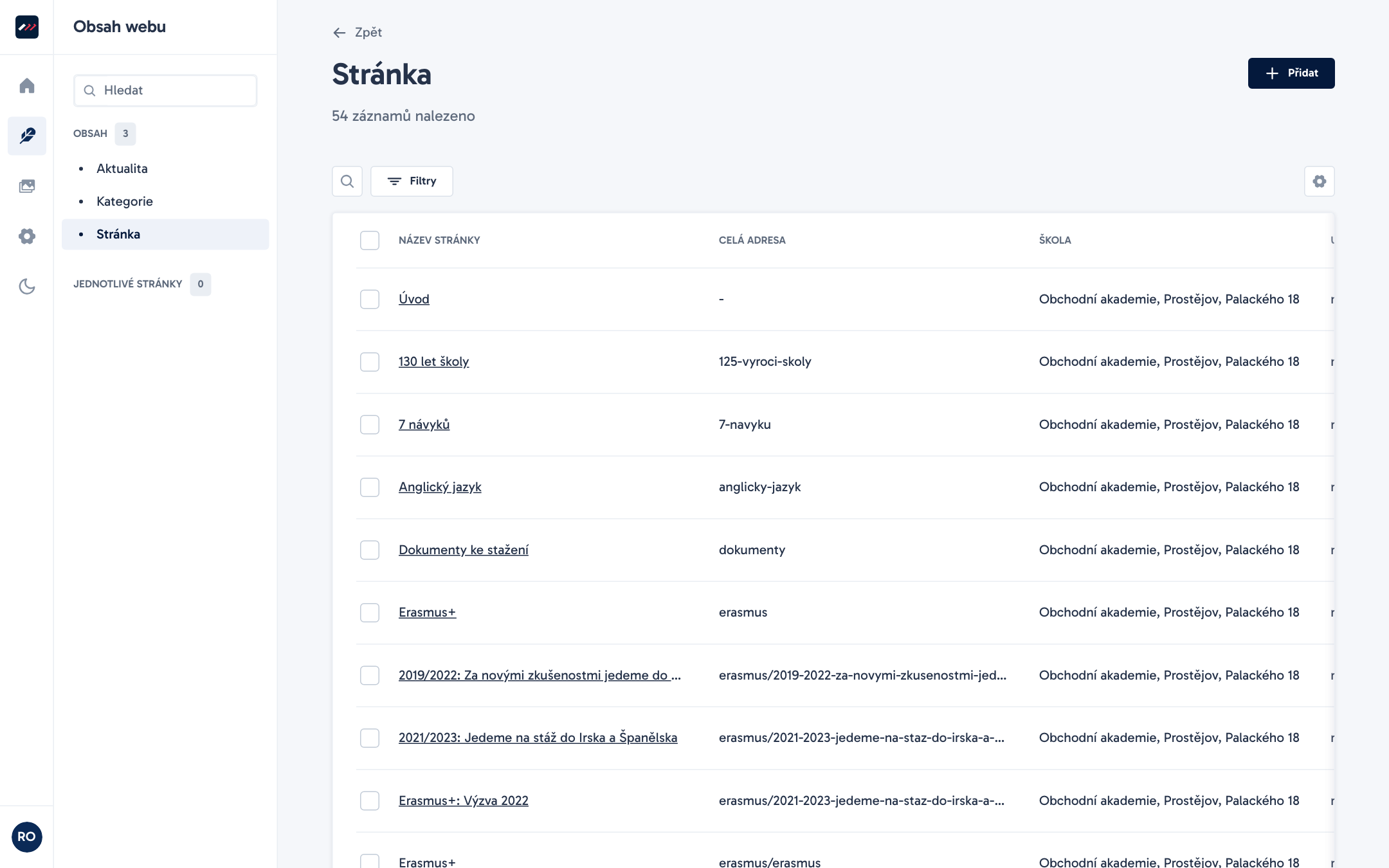Seznam stránek z pohledu redaktora školy