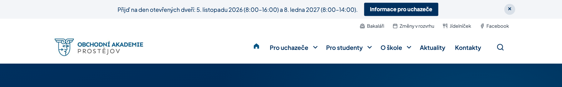 Hlavička webu s rychlými odkazy a ikonami v horní liště