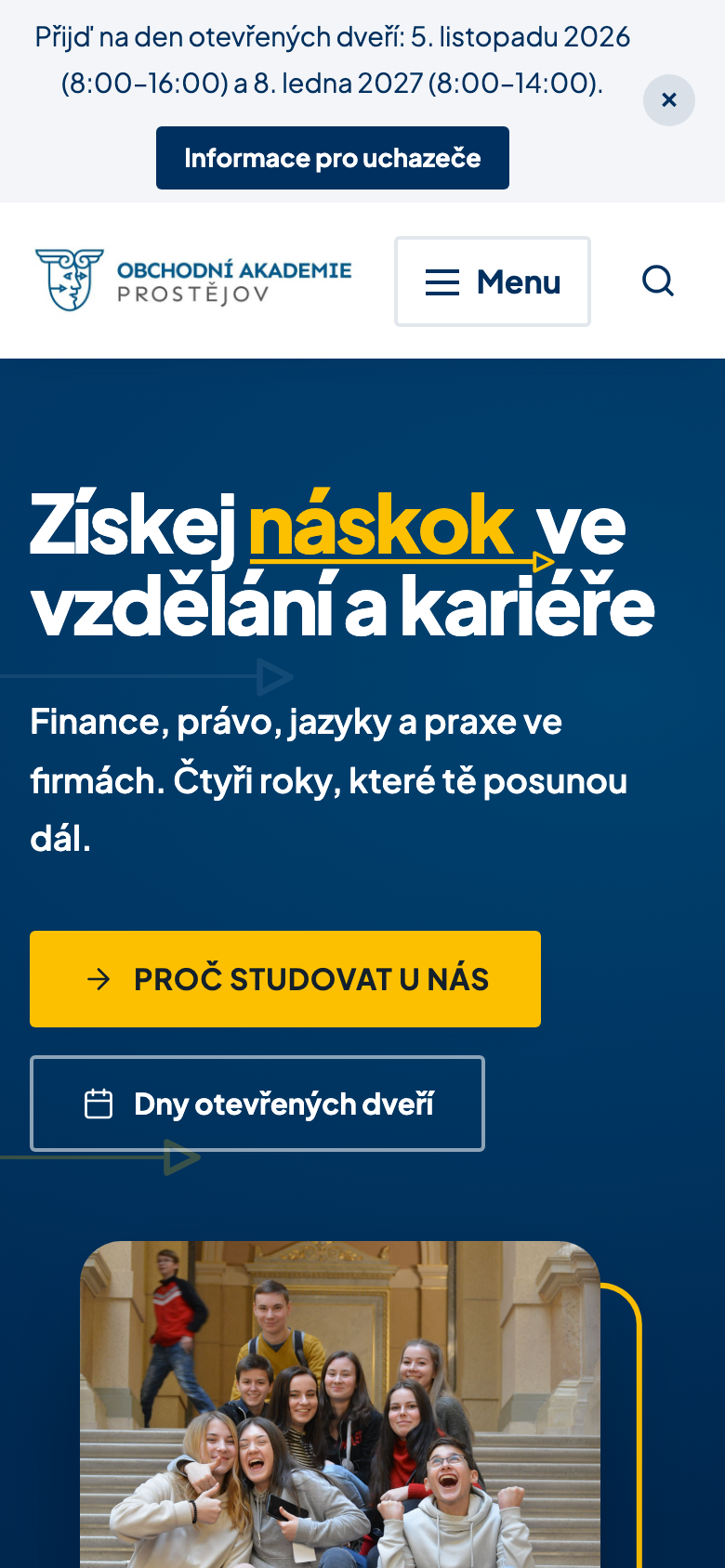 Úvodní stránka na mobilu