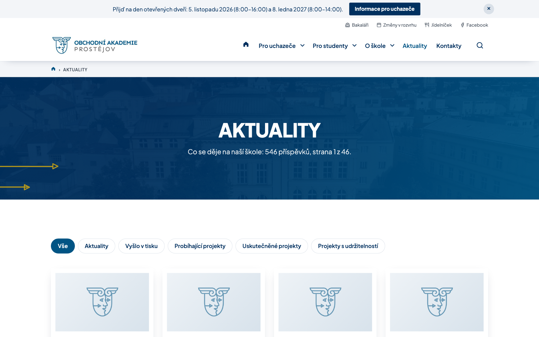 Výpis aktualit s filtrem kategorií na webu školy