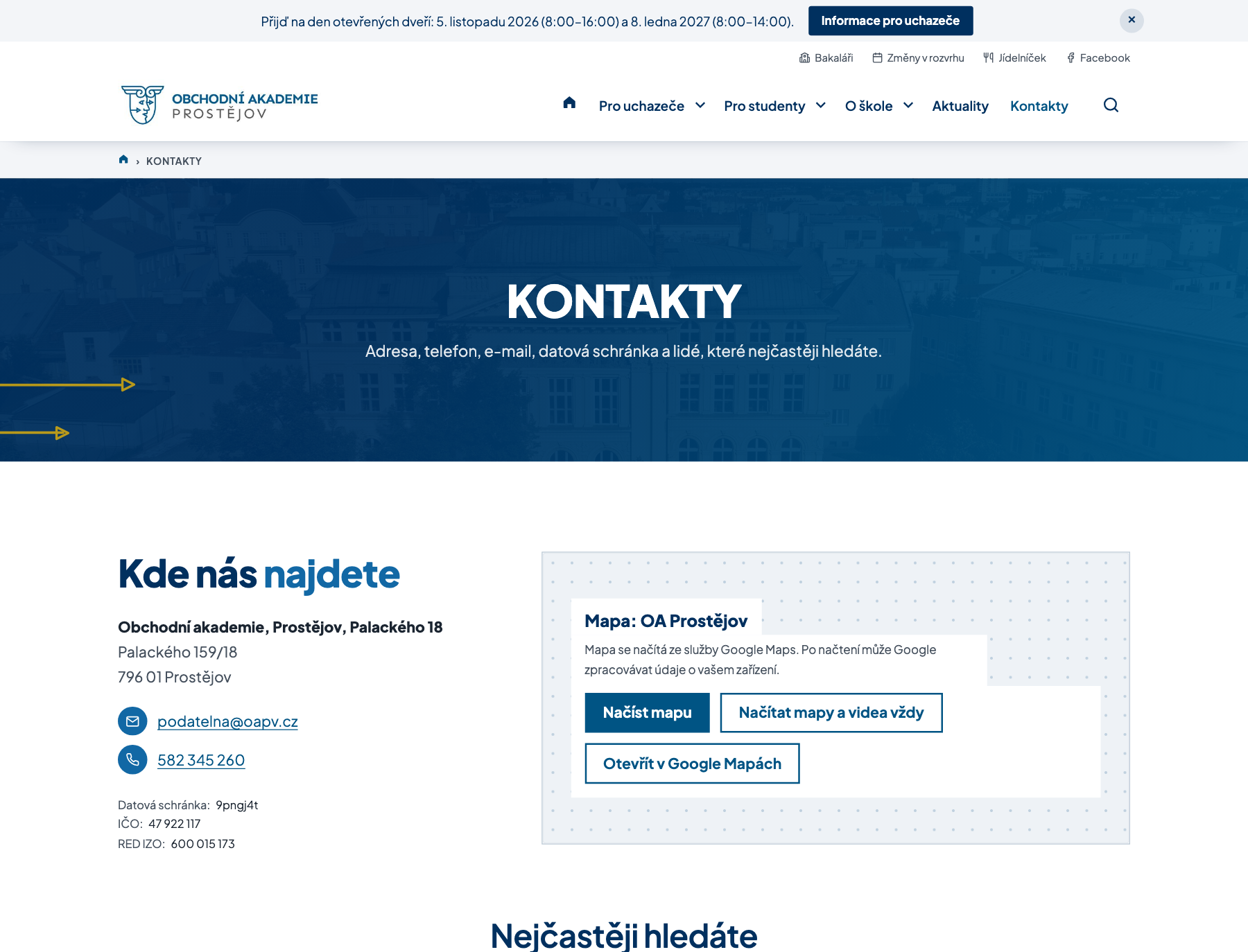 Sekce Kontakt na webu